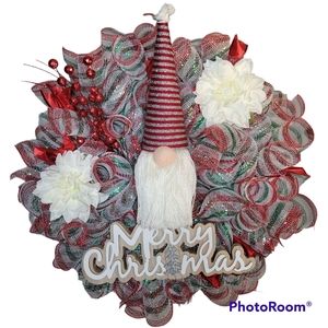 Merry Christmas Gnome Red White and Green Wreath with Flowers